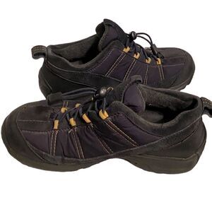 Lands' End Wm's Sz 7B Dark Blue Yellow Suede Hiking Walking Low Shoes #34694